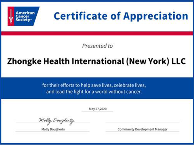 Zhongke was awarded Certificate of Appreciation from American Cancer Society