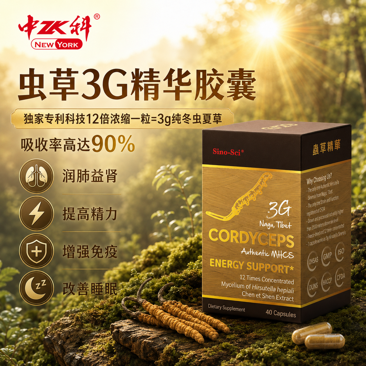 中科虫草3G精华胶囊 - 冬虫夏草浓缩萃取 补充精力 益气补肾 拒绝透支 防脱发 非Cs-4 40粒
