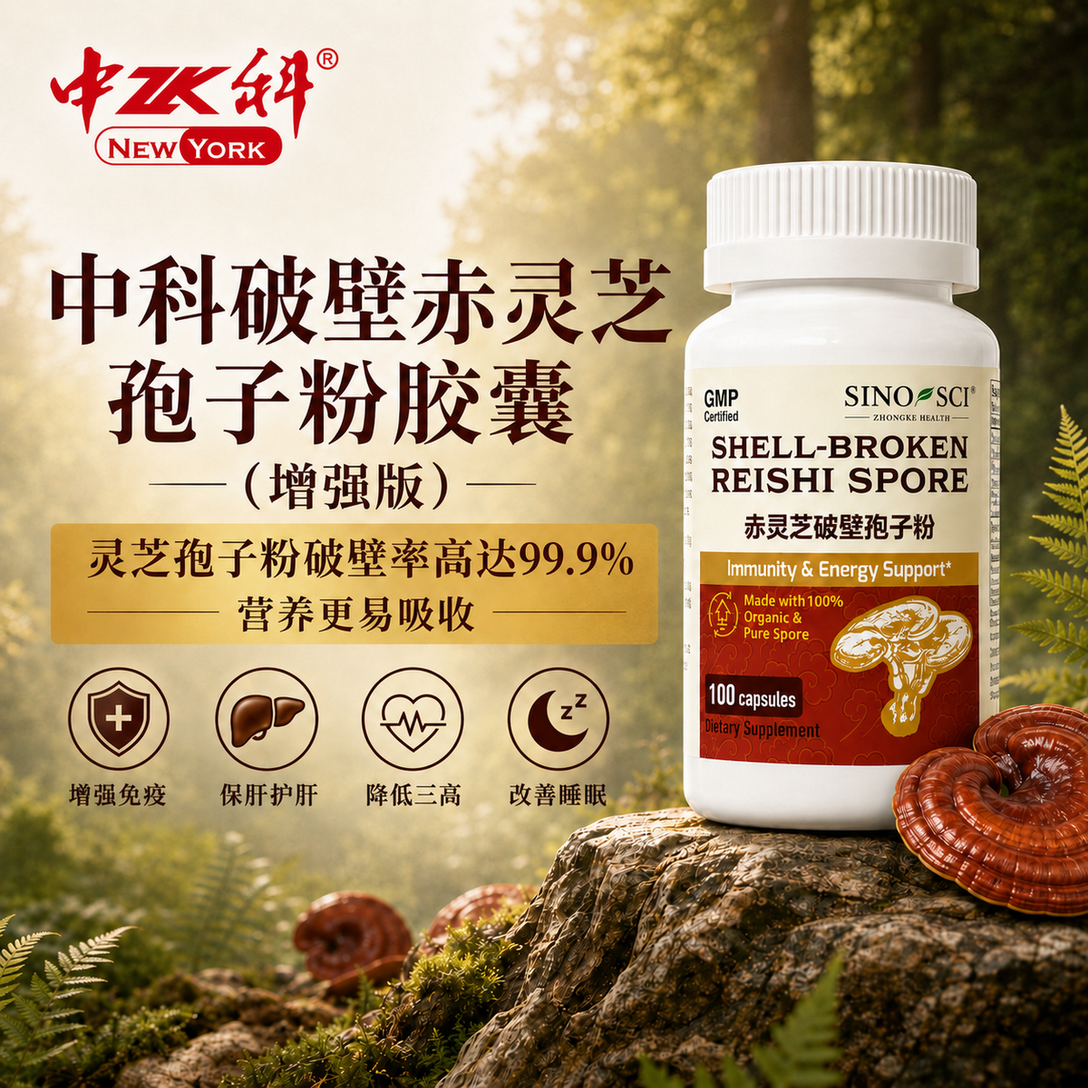 中科破壁赤灵芝孢子粉胶囊(增强版) - 增强免疫力 帮助睡眠 预防疾病 100粒/30克